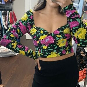Floral Scrunched Sleeve Off the Shoulder Crop Top